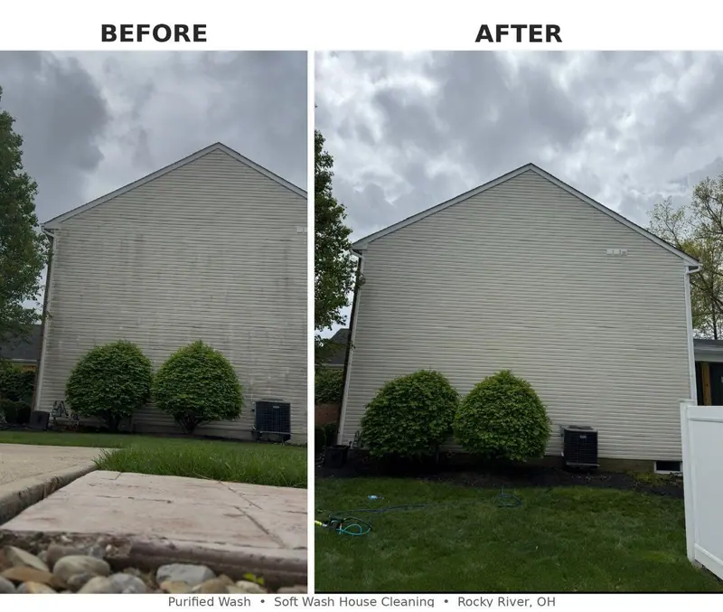 The same gable wall of vinyl siding before and after a soft wash