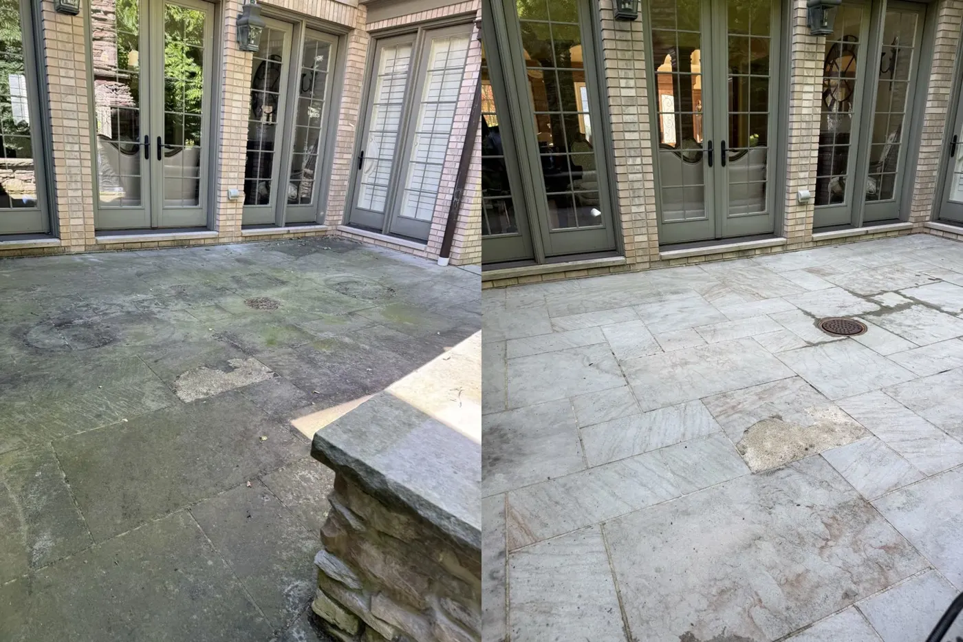A stone patio covered in dark algae, then the same patio cleaned back to an even color